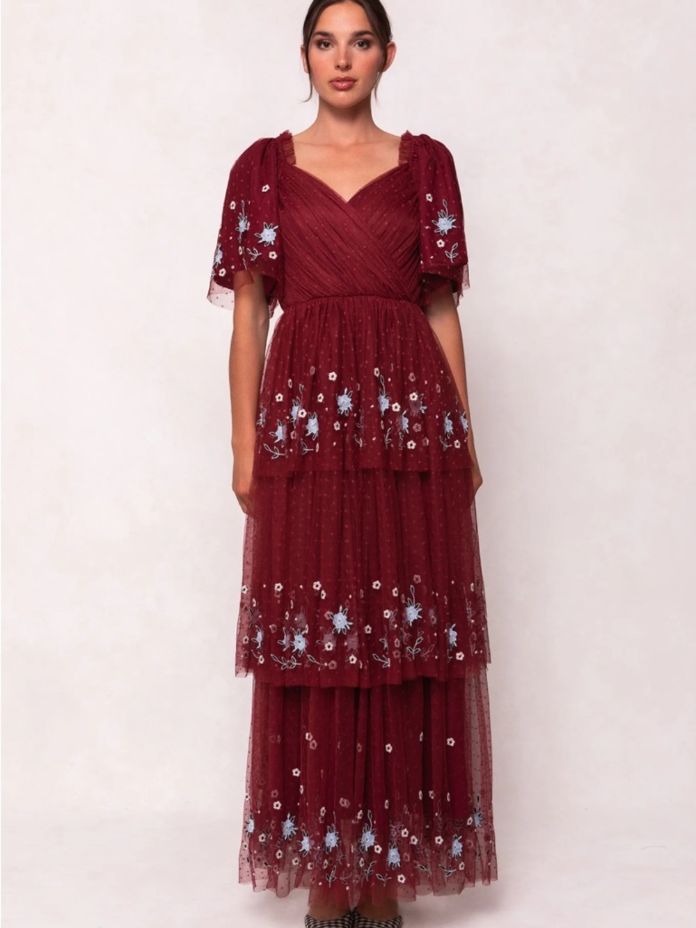 Women's Burgundy Tiered Embroidered Tulle Dress